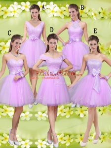 Enchanting A-line Vestidos de Damas Lilac Sweetheart Tulle Sleeveless Knee Length Lace Up