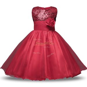 Dazzling Scoop Sleeveless Flower Girl Dresses Knee Length Bowknot and Belt and Hand Made Flower Wine Red Organza and Sequined