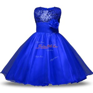 Beauteous Organza and Sequined Sleeveless Knee Length Flower Girl Dresses for Less and Belt and Hand Made Flower