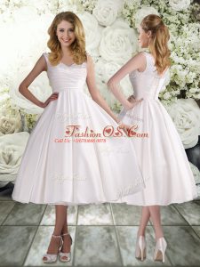 High End Tea Length Lace Up Wedding Gown White for Beach and Wedding Party with Appliques