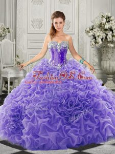 Sleeveless Organza Court Train Lace Up Quince Ball Gowns in Lavender with Beading and Ruffles