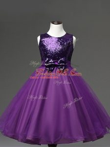 Sleeveless Tulle Tea Length Zipper Girls Pageant Dresses in Purple with Sequins and Bowknot