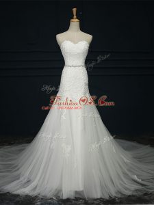 Clearance White Tulle Lace Up Sweetheart Sleeveless Bridal Gown Court Train Lace and Belt