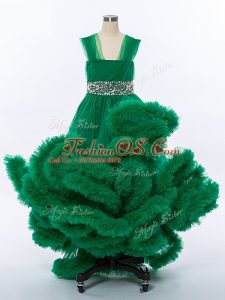 Straps Sleeveless Little Girls Pageant Dress Wholesale High Low Beading and Hand Made Flower Dark Green Tulle