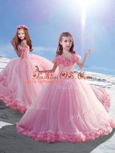 Gorgeous Baby Pink Lace Up Little Girls Pageant Gowns Hand Made Flower Sleeveless Court Train