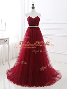 Wine Red Lace Up Party Dress Beading Sleeveless Brush Train