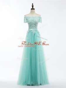 Tulle Scalloped Short Sleeves Lace Up Lace and Appliques Evening Wear in Apple Green