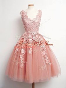 V-neck Sleeveless Lace Up Quinceanera Dama Dress Peach Tulle