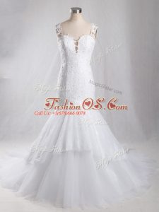 Adorable White Tulle Clasp Handle Wedding Gowns Sleeveless Brush Train Lace