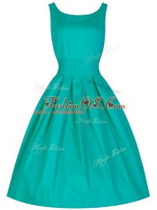 Classical Turquoise A-line Ruching Dama Dress Lace Up Taffeta Sleeveless Knee Length