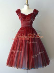 Rust Red Cap Sleeves Chiffon Lace Up Bridesmaid Dresses for Prom and Party and Military Ball and Sweet 16