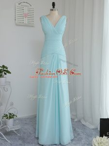 V-neck Sleeveless Zipper Quinceanera Court of Honor Dress Aqua Blue Chiffon