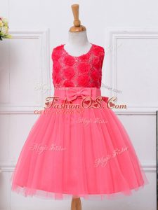 Most Popular Hot Pink Tulle Lace Up Little Girl Pageant Dress Sleeveless Knee Length Bowknot