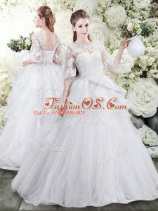 White Wedding Dress Tulle Brush Train Half Sleeves Lace and Ruffles