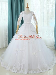 Super Half Sleeves Court Train Zipper Lace and Appliques Wedding Gown