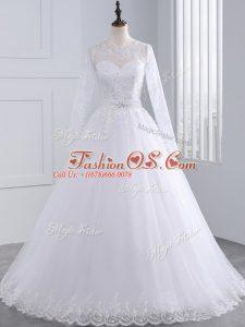 Eye-catching White Tulle Zipper Scalloped Long Sleeves Wedding Gown Brush Train Lace and Appliques