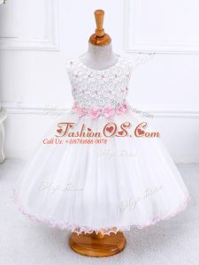 White Zipper Scoop Appliques Kids Pageant Dress Organza Sleeveless