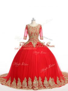 Designer Tulle Half Sleeves Quinceanera Dress Brush Train and Lace and Appliques