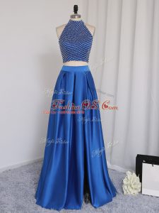 Royal Blue Elastic Woven Satin Zipper Halter Top Sleeveless Floor Length Dress for Prom Beading