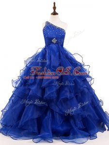 Royal Blue One Shoulder Zipper Beading and Ruffles Kids Pageant Dress Sleeveless