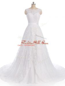 White Scalloped Neckline Lace Wedding Gown Sleeveless Clasp Handle