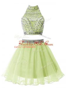Yellow Green Zipper Court Dresses for Sweet 16 Beading Sleeveless Knee Length