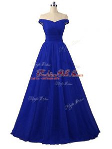 Cute Royal Blue A-line Off The Shoulder Sleeveless Tulle Floor Length Lace Up Ruching Prom Evening Gown