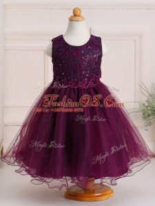 Trendy Burgundy A-line Tulle Scoop Sleeveless Appliques Knee Length Zipper Little Girls Pageant Gowns