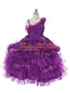 Customized Purple Asymmetric Neckline Lace and Ruffles and Ruffled Layers Pageant Gowns For Girls Sleeveless Lace Up
