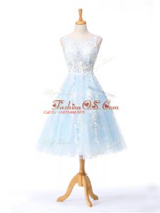 Best Appliques Dama Dress for Quinceanera Light Blue Backless Sleeveless Knee Length