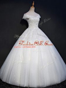 Tulle Off The Shoulder Sleeveless Lace Up Beading Wedding Gown in White