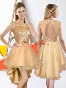 Admirable Beading and Lace Court Dresses for Sweet 16 Champagne Backless Sleeveless High Low