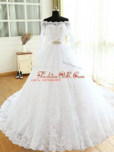 White Long Sleeves Court Train Beading and Lace and Appliques Wedding Gowns