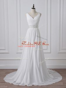 White Backless Wedding Dress Beading and Ruching Sleeveless Brush Train