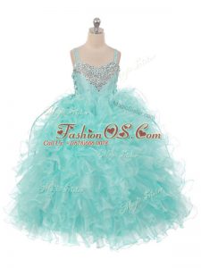 Eye-catching Straps Sleeveless Little Girls Pageant Gowns Floor Length Beading and Ruffles Aqua Blue Organza