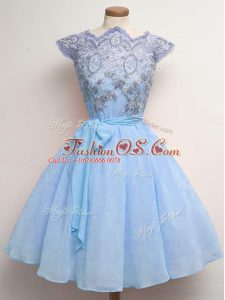 Glamorous Blue Scalloped Neckline Lace and Belt Bridesmaid Dress Cap Sleeves Lace Up