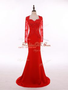 Red Scoop Zipper Lace and Appliques Mother Of The Bride Dress Long Sleeves