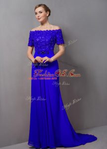 Royal Blue Off The Shoulder Neckline Lace Mother Of The Bride Dress Short Sleeves Zipper