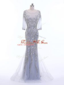 Silver Column/Sheath Tulle Scoop 3 4 Length Sleeve Beading Zipper Dress for Prom Brush Train