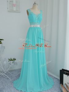 Luxury Aqua Blue Court Dresses for Sweet 16 Prom and Party and Wedding Party with Beading and Lace Scoop Sleeveless Sweep Train Side Zipper