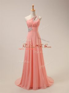 New Style One Shoulder Sleeveless Brush Train Zipper Bridesmaid Dress Watermelon Red Chiffon