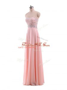 Strapless Sleeveless Prom Evening Gown Floor Length Beading Pink Chiffon