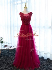 Beading and Lace and Appliques and Belt Prom Gown Fuchsia Lace Up Sleeveless Floor Length