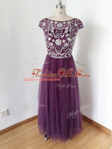 Eggplant Purple Short Sleeves Beading Zipper Prom Homecoming Dress