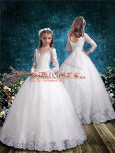 White Lace Up Flower Girl Dresses for Less Lace 3 4 Length Sleeve Floor Length