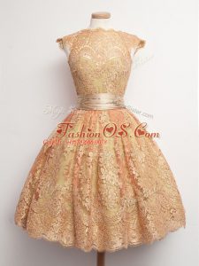 Cap Sleeves Lace Up Knee Length Belt Bridesmaid Gown