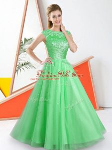 New Arrival Floor Length Green Bridesmaids Dress Tulle Sleeveless Beading and Lace