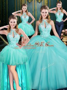 Best Floor Length Ball Gowns Sleeveless Aqua Blue Quinceanera Dresses Lace Up