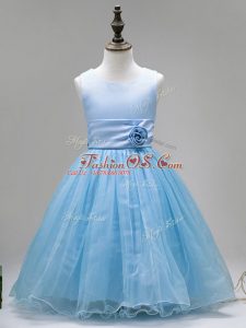 Modern Tulle Sleeveless Floor Length Little Girls Pageant Dress and Hand Made Flower