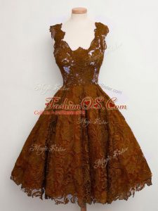Luxury Brown Sleeveless Lace Knee Length Quinceanera Court Dresses
